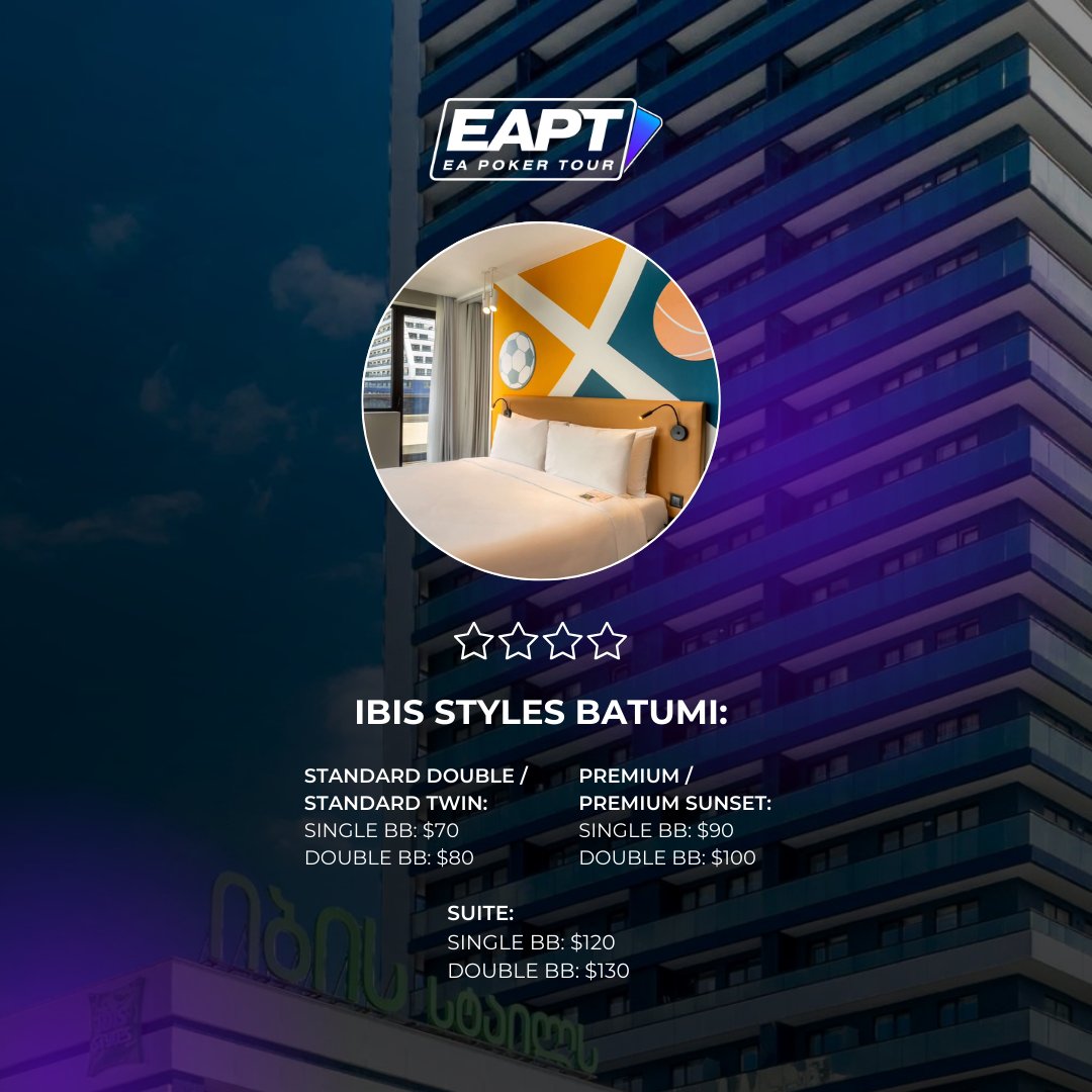 EAPT (@eaptpoker) on Twitter photo EAPT Georgia 2025: Special hotel rates π¨
Got some special rates at our partner hotels for players coming to the series.
Check the attached picsπ
Booking details:
Euphoria Hotel:
Reservations: +995577363283
Grandeur Hotel:
sales@grandeurhotel.ge
+995595505380
Promo code: EAPT Georgia 2025: Special hotel rates π¨
Got some special rates at our partner hotels for players coming to the series.
Check the attached picsπ
Booking details:
Euphoria Hotel:
Reservations: +995577363283
Grandeur Hotel:
sales@grandeurhotel.ge
+995595505380
Promo code: