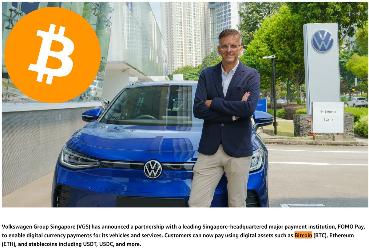 JUST IN: Volkswagen Group Singapore announces that it is accepting #Bitcoin as payment for their cars 🙌

Bitcoin has "speed, enhanced security, and lower transaction costs" 🚀