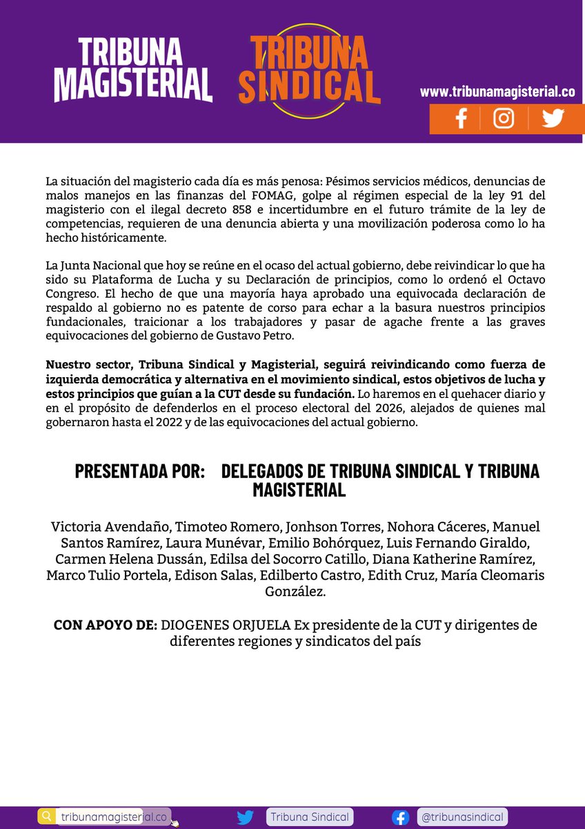 DECLARACIÓN- CONSTANCIA PRESENTADA A LA 81ª JUNTA NACIONAL DE LA CUT POR <a href="/SindicalTribuna/">Tribuna Sindical</a>  Y TRIBUNA MAGISTERIAL.

⬇️Leer completo aquí: 

tribunamagisterial.co/declaracion-co…