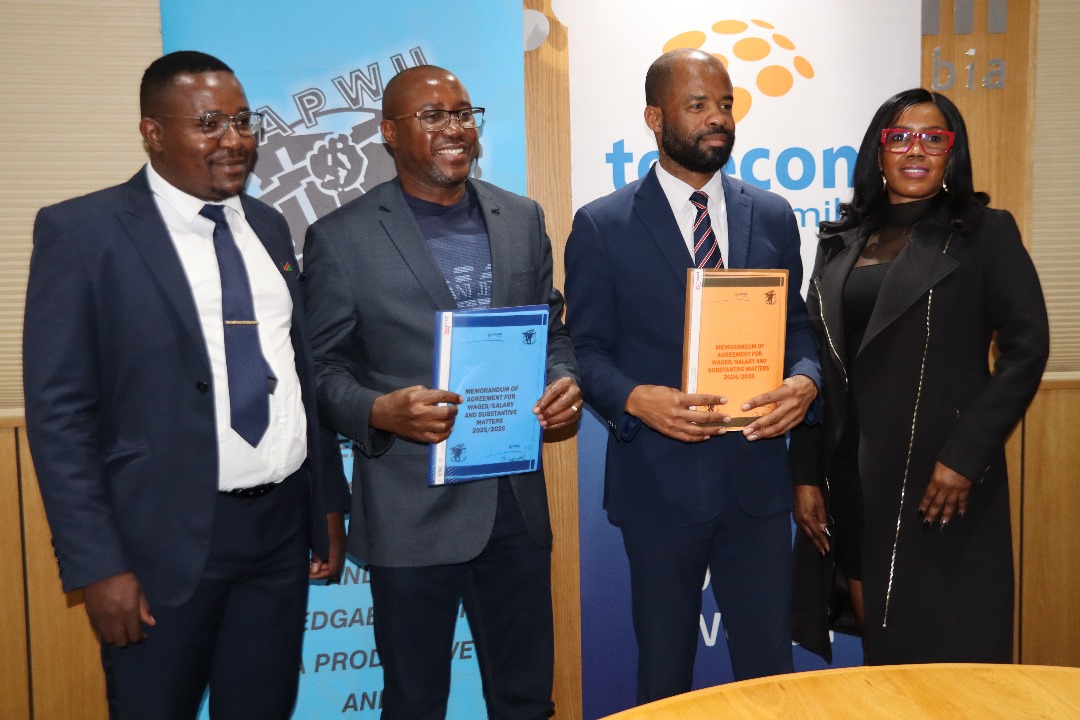 TELECOM NAMIBIA AND NAPWU FORMALIZE DUAL AGREEMENTS ON EMPLOYEE BENEFITS AND SALARIES

Telecom Namibia and the Namibia Public Workers Union (NAPWU) hosted a signing ceremony to formalize two agreements for employees in the bargaining unit.

The agreements cover wages and