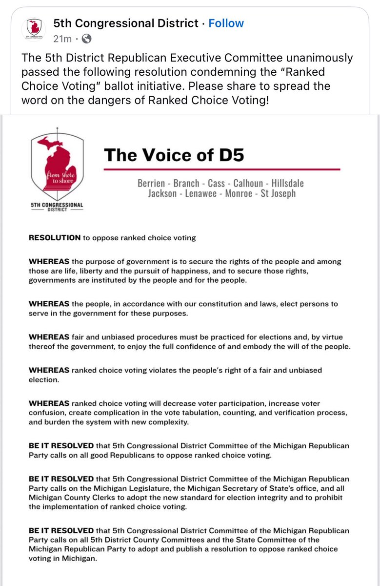 chrislong_mi's tweet image. EXCELLENT JOB 5th Congressional District!!!!

Great job D5 Chairman Todd Gillman and his Executive Committee! All districts AND Counties should follow this and pass similar resolutions!! 

#stopRCV
#Republicans
#Michigan
#MIGOP