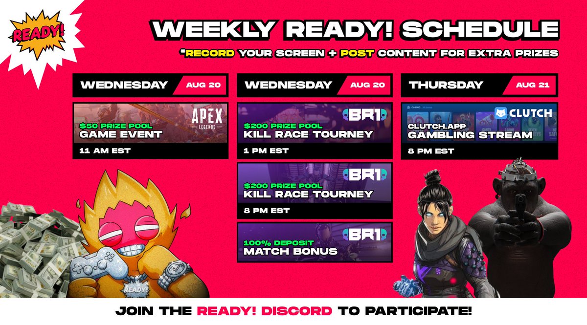 $500+ UP FOR GRABS THIS WEEK 🔥

JOIN THE DISCORD.
JOIN THE EVENTS.
DON'T MISS IT!

READY! UP 👉 discord.gg/ready