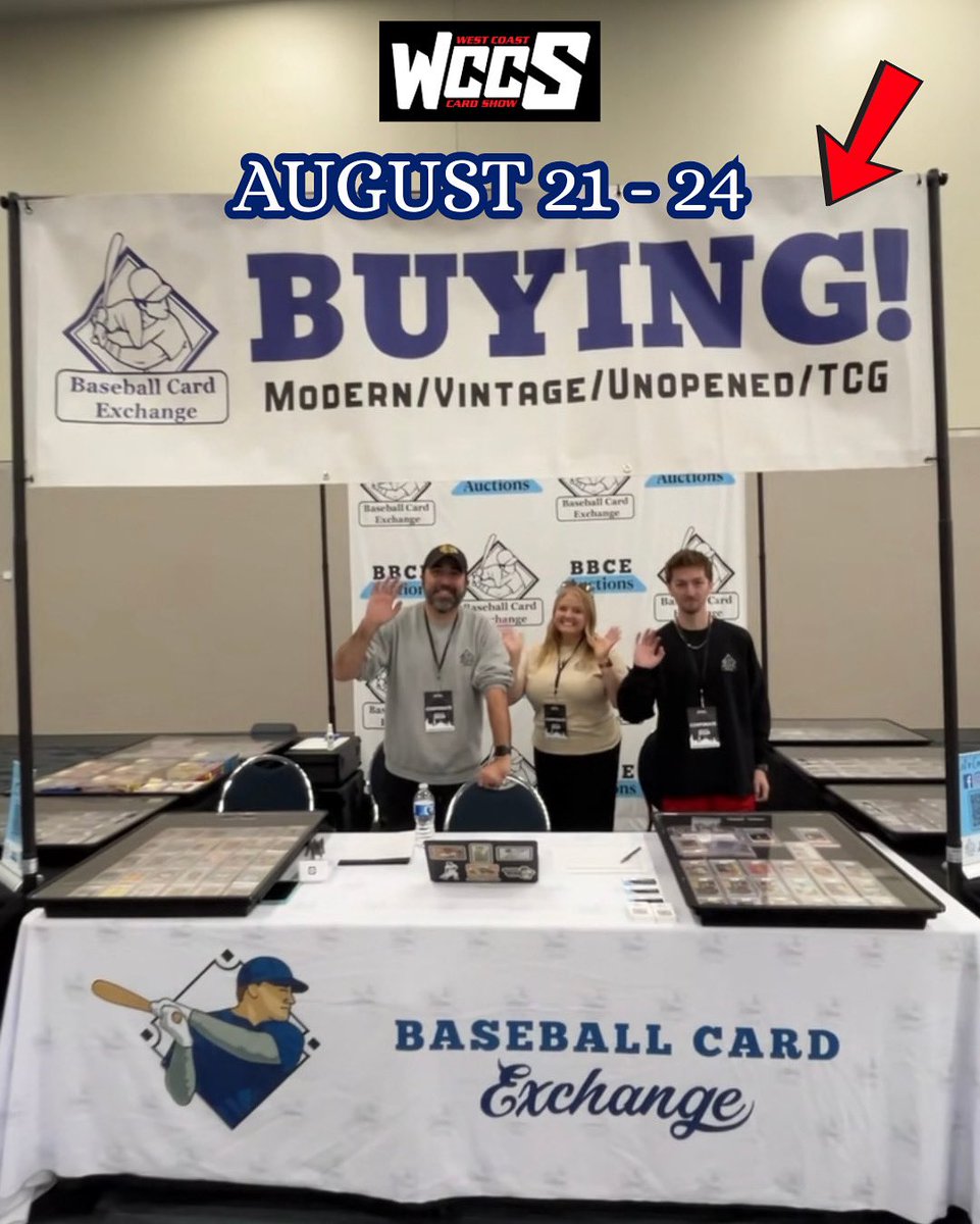 Come see Baseball Card Exchange on the West Coast from August 21st - 24th! We will be attending the West Coast Card Show and are looking to buy! 

Stop by our booth if you have modern, vintage, unopened, raw, graded, etc.! 😎 We’re paying CASH all weekend long 🔥

See you there