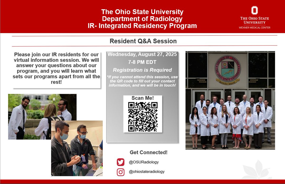 Join our IR Integrated Residents at our Virtual Information Session and experience all @ohiostateradiology has to offer! Scan the QR code below or enter the link below to learn more and register! #OSUInterventionalRadiology #OSUWMC #BuckeyePride
LINK: osu.az1.qualtrics.com/jfe/form/SV_82…