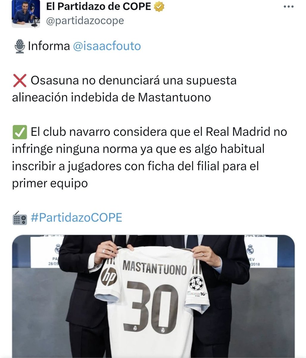 Si es cierto lo afirmado por el  <a href="/partidazocope/">El Partidazo de COPE</a>  , en el sentido de que el <a href="/Osasuna/">C. A. OSASUNA</a> no presentará denuncia, surgen diversas interrogantes de carácter técnico y jurídico: 

1) ¿Cuál es la distinción entre la denuncia por alineación indebida presentada por el Osasuna contra Íñigo
