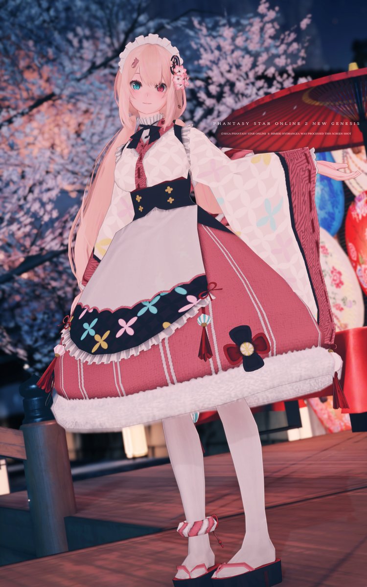 ヒヨリユキアメもお気に入りのコスチューム🌸
和服メイドっぽいデザインに手毬やポップな装飾が素敵な衣装✨
#PSO2NGS