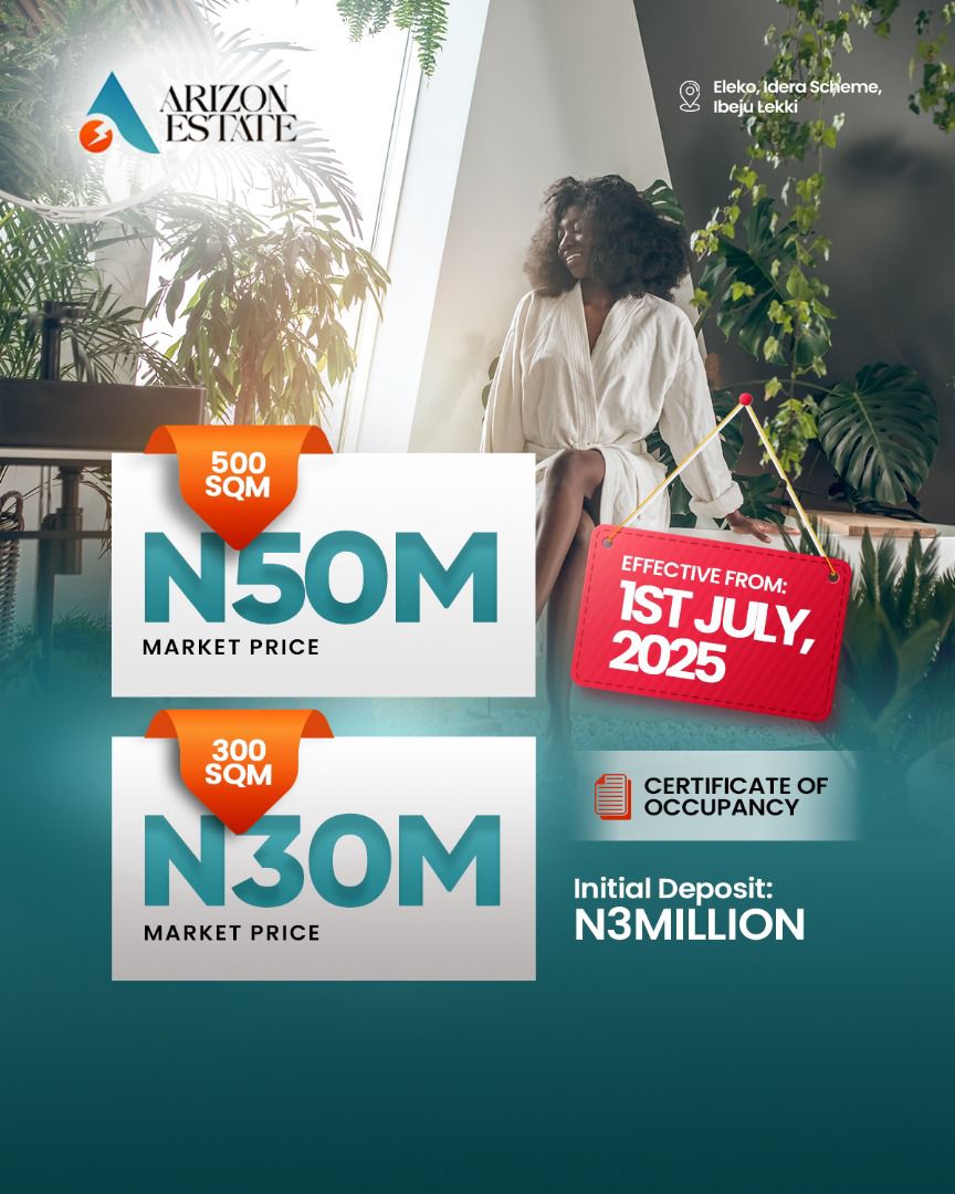MayogateP's tweet photo. *‼️🥁🏡 ARIZON ESTATE – NOW SELLING AT NEW MARKET PRICE! 

📍 Location: Eleko, Idera Scheme, Ibeju Lekki
Title: Certificate of Occupancy

💼 Current Market Prices:
✅ 300 SQM – N30 Million
✅ 500 SQM – N50 Million

💳 Initial Deposit: N3M
Call:+2348113663921 https://t.co/eokBglOw0s