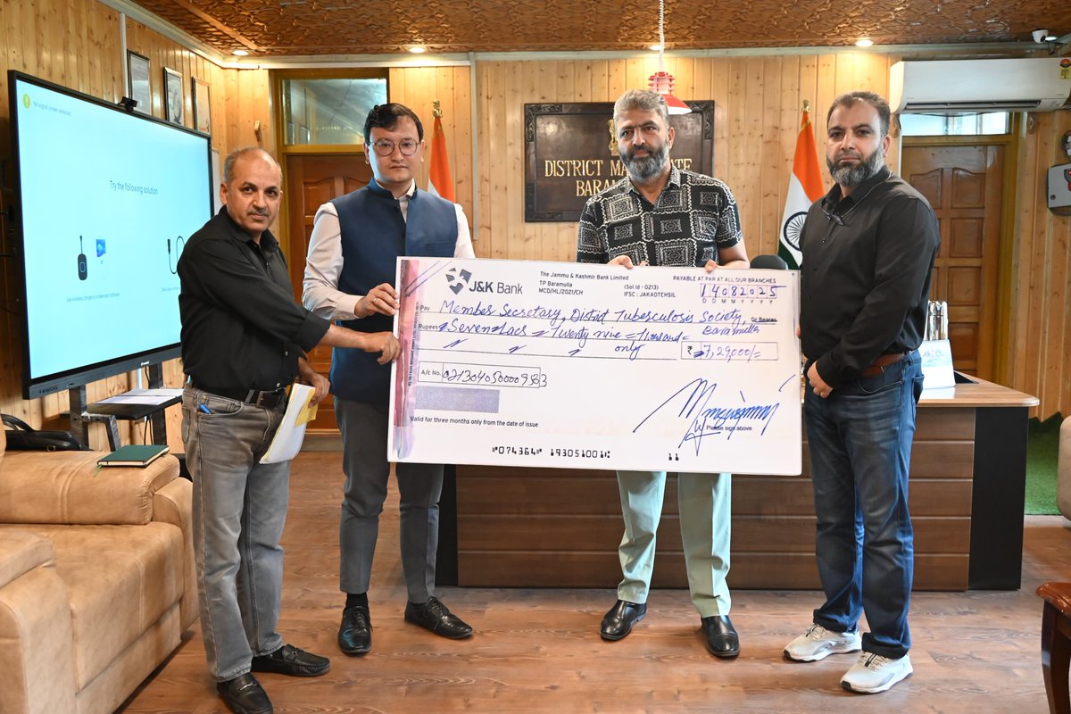 Deputy Commissioner Baramulla (@dcbaramulla) on Twitter photo DC Baramulla <a href="/mingasherpa/">Minga Sherpa</a> handed over a cheque of ₹7.29 lakh to Distt TB Control Society for TB patients, ensuring additional nutrition support under #NikshayMitra & reaffirming commitment towards #TBMuktBharat.#RedCross
<a href="/OfficeOfLGJandK/">Office of LG J&K</a>
<a href="/CM_JnK/">Office of Chief Minister, J&K</a>
<a href="/diprjk/">Information & PR, J&K</a>
<a href="/ddnewsSrinagar/">DD NEWS SRINAGAR</a> DC Baramulla <a href="/mingasherpa/">Minga Sherpa</a> handed over a cheque of ₹7.29 lakh to Distt TB Control Society for TB patients, ensuring additional nutrition support under #NikshayMitra & reaffirming commitment towards #TBMuktBharat.#RedCross
<a href="/OfficeOfLGJandK/">Office of LG J&K</a>
<a href="/CM_JnK/">Office of Chief Minister, J&K</a>
<a href="/diprjk/">Information & PR, J&K</a>
<a href="/ddnewsSrinagar/">DD NEWS SRINAGAR</a>