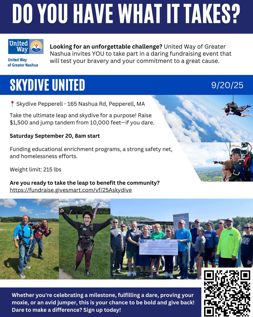 🪂Join us for an unforgettable adventure at Skydive United — our boldest FUNdraiser yet! 

📅 Sat, Sept 20 | 8 AM
📍 Skydive Pepperell

Take the leap for our community.

👇 Ready to jump in? Register now: 
fundraise.givesmart.com/vf/25Askydive