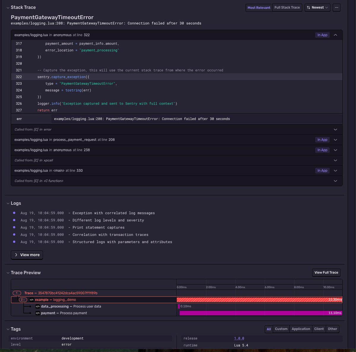 brungarc's tweet image. Day 2 of the @getsentry #hackweek and my #Lua SDK has source context, spans, logs all trace connected. SO much fun.