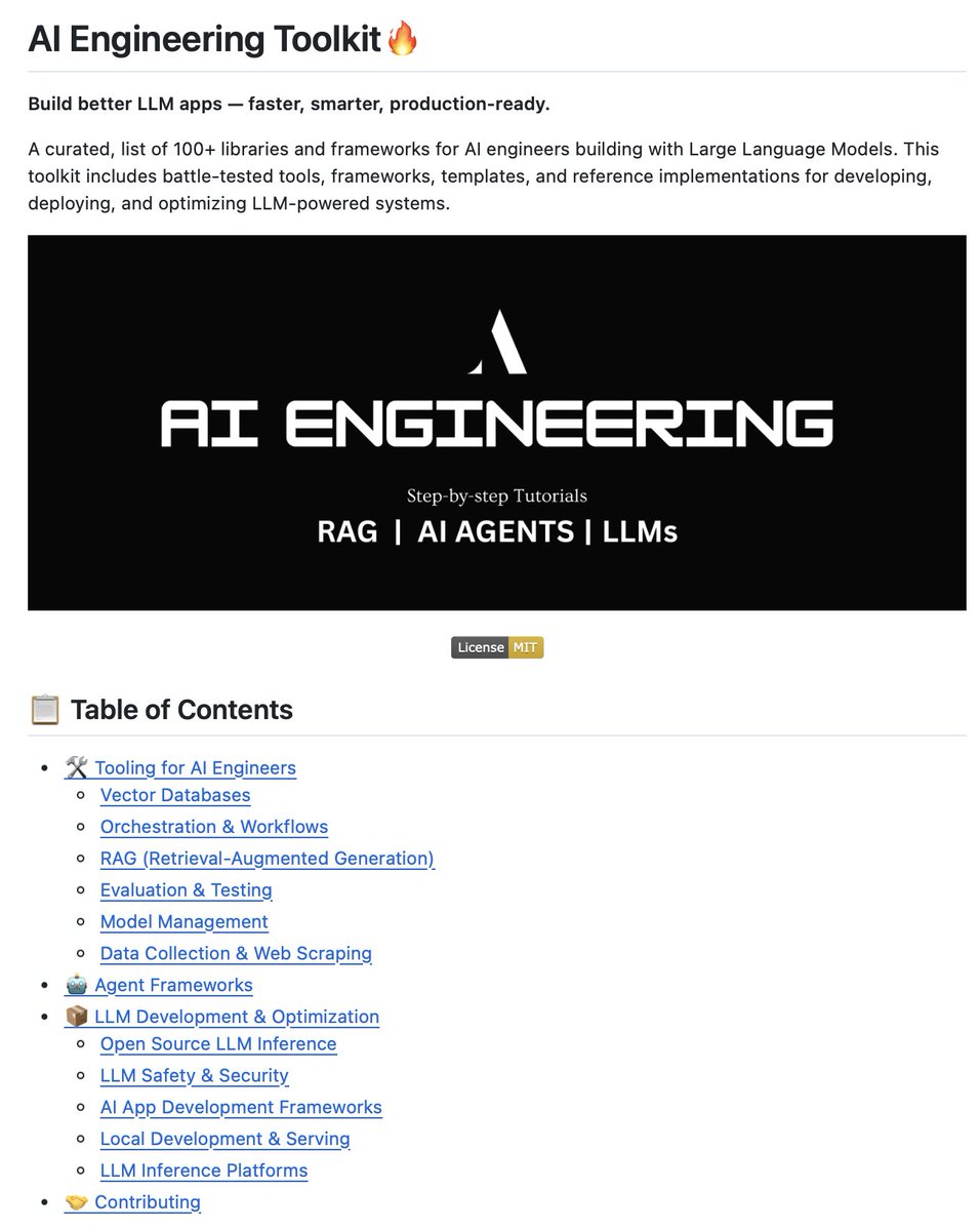 AI Engineering Toolkit!

I have curated list of 100+ LLM libraries and frameworks for training, fine-tuning, building, evaluating, deploying, RAG, and AI Agents!

100% Open Source