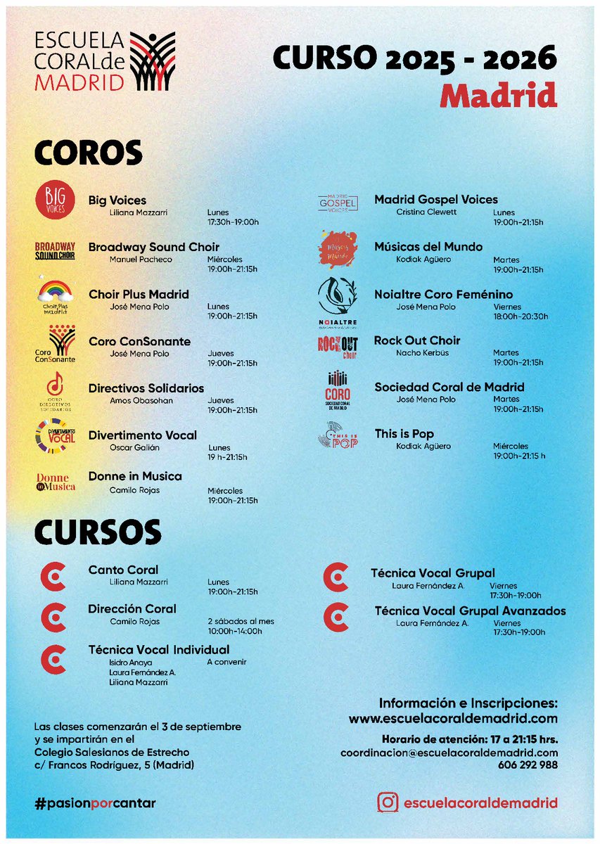 Oferta académica curso 2025-2026
Sede Madrid 
.
#PasiónPorCantar