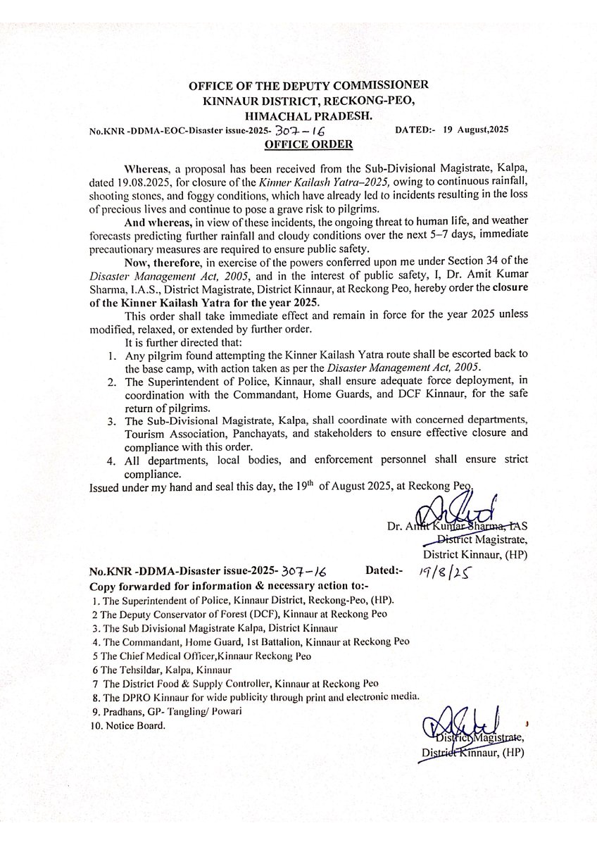 KinnaurSpiti's tweet photo. Kinnaur Kailash Yatra 2025 is officially closed for this year due to continuous  rainfall, shooting stones &amp; foggy conditions posing serious risks to the pilgrims. #HimachalPradesh https://t.co/e3gVLpSMFa