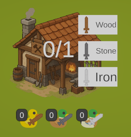 ⭐️Day 13–14⭐️

Added Workshop and weapon tiers (wood -> stone -> iron).

It’s been 2 weeks, and the core mechanics are done🥳
Next up: VISUALS! 🎨

(Also started my new job, so updates will be slower now)

#gamedev #indiedev