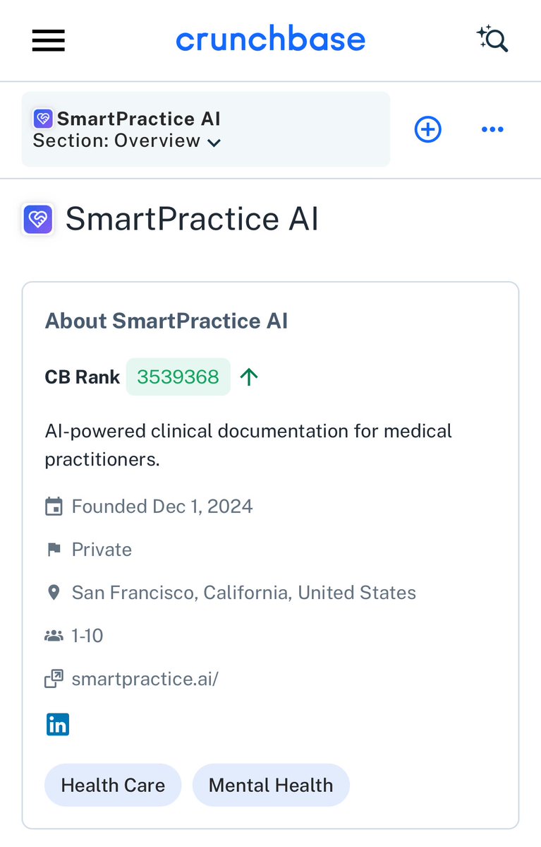 Michael Nkereuwem (@ivytechmike) on Twitter photo We are now officially listed by <a href="/crunchbase/">crunchbase</a>
Might seem small, but personally, if a company is not listed by Crunchbase…I often doubt their legitimacy
So I’m happy about this
<a href="/SmartPracticeAI/">SmartPractice</a> We are now officially listed by <a href="/crunchbase/">crunchbase</a>
Might seem small, but personally, if a company is not listed by Crunchbase…I often doubt their legitimacy
So I’m happy about this
<a href="/SmartPracticeAI/">SmartPractice</a>