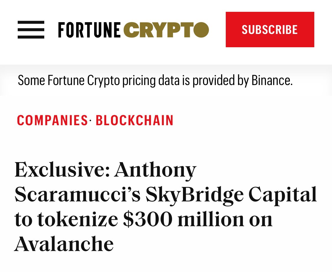 DEGEN NEWS (@degeneratenews) on Twitter photo NEW: <a href="/Scaramucci/">Anthony Scaramucci</a>’S SKYBRIDGE CAPITAL TO TOKENIZE $300 MILLION ON AVALANCHE - PER FORTUNE NEW: <a href="/Scaramucci/">Anthony Scaramucci</a>’S SKYBRIDGE CAPITAL TO TOKENIZE $300 MILLION ON AVALANCHE - PER FORTUNE