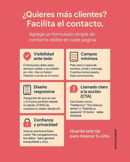 GroupMatgo42640's tweet image. Hoy te compartimos 5 tips clave para que tu formulario trabaje a tu favor y no al revés. ¡Porque si es difícil encontrarte, es fácil olvidarte! 😉
✨ Guarda este tip para mejorar tu sitio.

#NegociosOnline #OptimizaTuWeb #MatgomTips #UX #ConversionesWeb #ContactoFácil