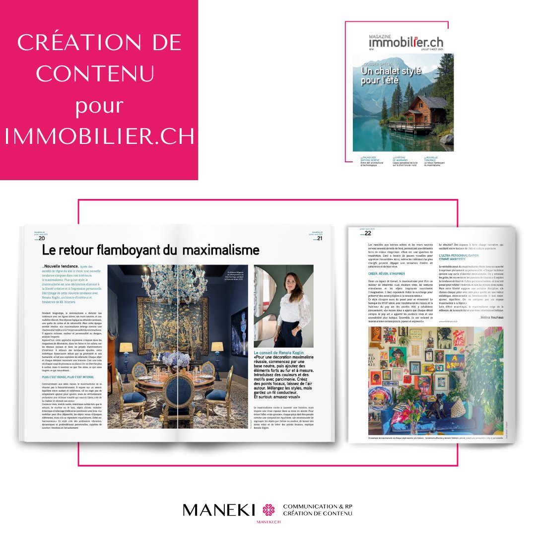 maneki_rp's tweet image. 𝗖𝗿𝗲́𝗮𝘁𝗶𝗼𝗻 𝗱𝗲 𝗰𝗼𝗻𝘁𝗲𝗻𝘂 ✍ Dans le dernier numéro du magazine immobilier.ch, retrouvez Renata Koglin qui aborde la nouvelle tendance du #maximalisme. Un article de @melina_neuhaus à lire ici: immobilier.ch/fr/actualite-m…  #Decoration #Immobilier