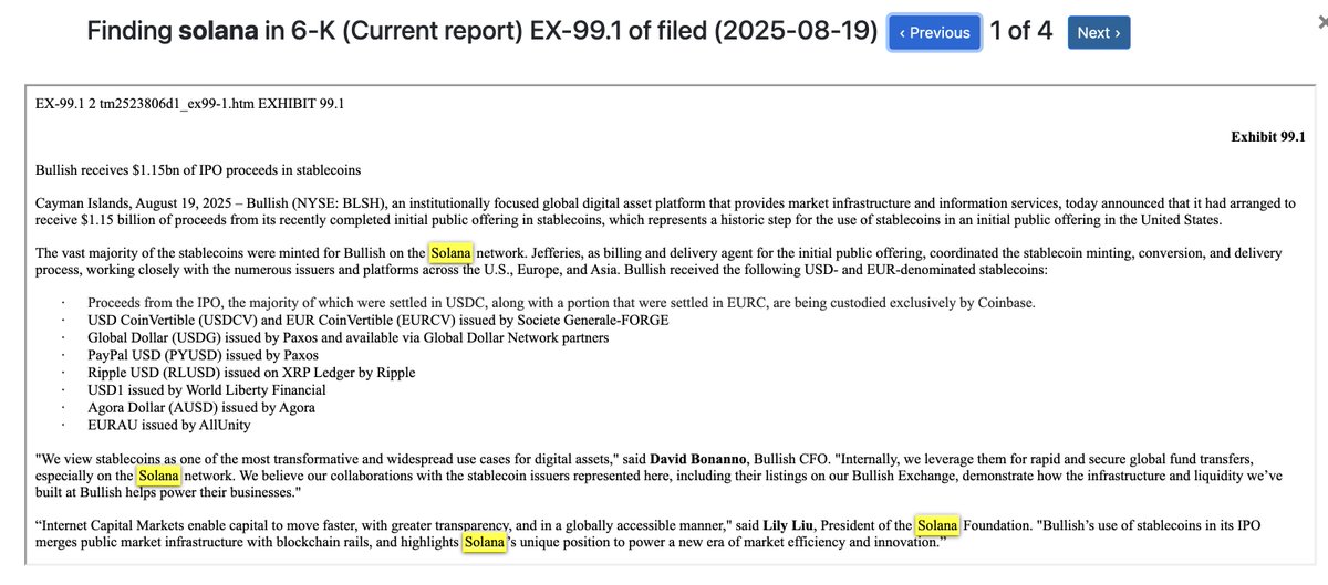 SEC 文件 Exhibit 99.1 详细说明 Bullish 如何使用 Solana 上的稳定币进行 IPO 收入