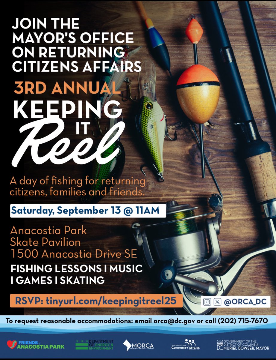 ORCA_DC's tweet photo. Join morca for our 3rd annual Keeping It Reel. A day full of fishing, games and roller skating for returning citizens, their families and friends.

RSVP: https://t.co/3u75pGyBKp

#KeepingItReel #DCValues #FairShot @mayor_bowser @dcdmpsj @friendsofanacostiapark https://t.co/0SncsC1Mmp