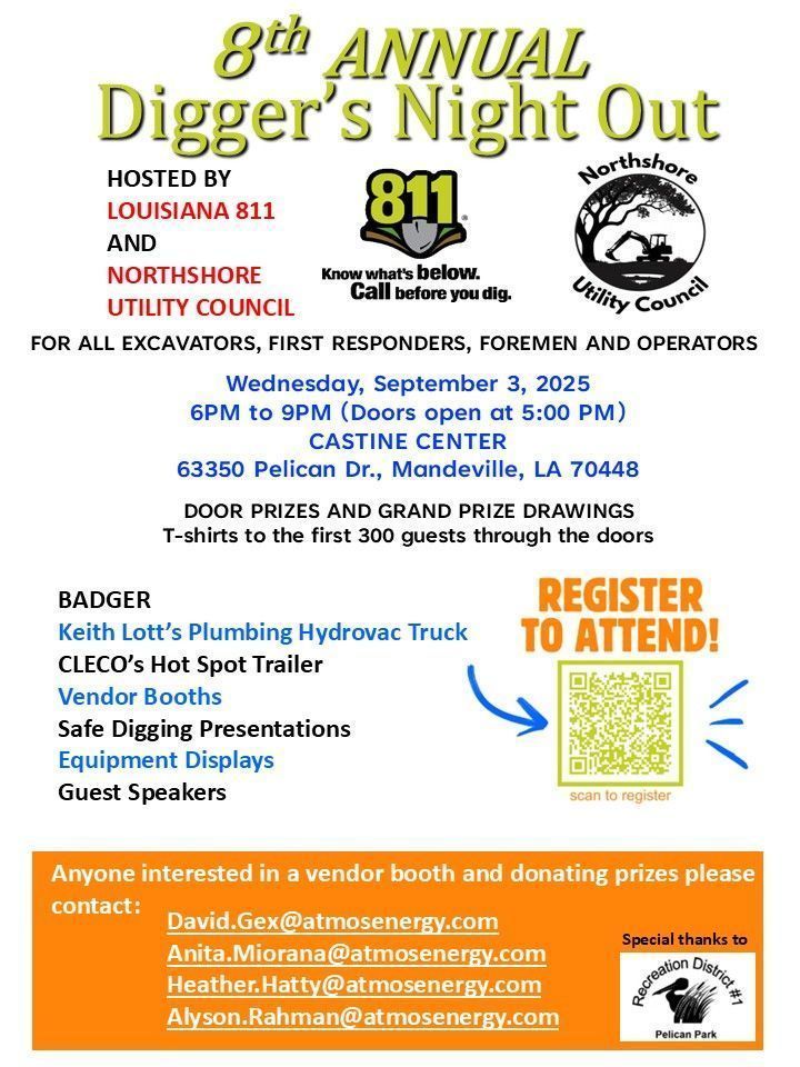 🚧 Safety starts below the surface. Join Louisiana 811 and the Northshore Utility Council on Sept. 3 for the 8th Annual Diggers’ Night Out—an evening of food, prizes &amp; networking at the Castine Center. Open to excavators, first responders, &amp; the public! #StTammanyEDC #SafeDigging