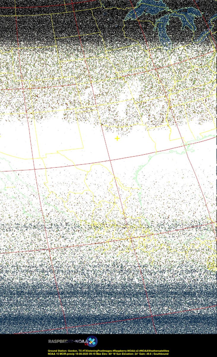 KB5ZUR's tweet image. Ground Station: Gordon, TX #TXlisteningPostImages #Raspberry-NOAA-v2 #NOAAWeathersatellites NOAA 15 19-08-2025 08:59 Max Elev: 80° W Sun Elevation: 24° Gain: 49.6 | Southbound