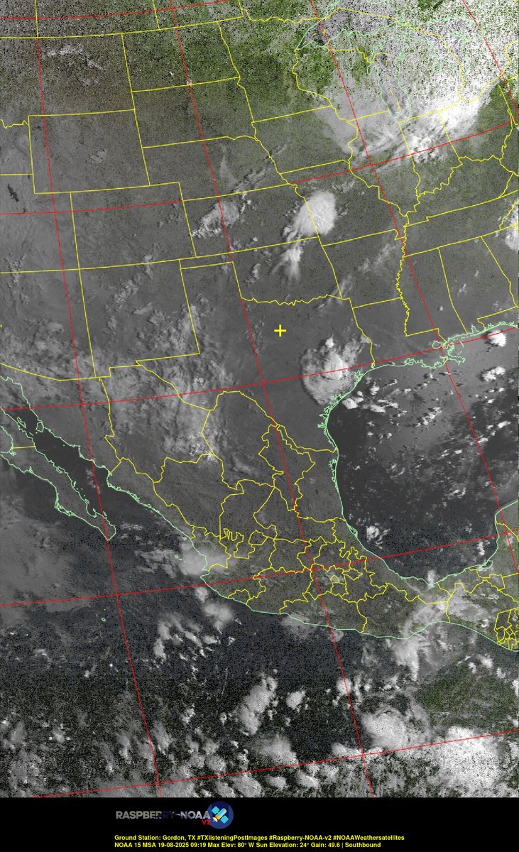 KB5ZUR's tweet image. Ground Station: Gordon, TX #TXlisteningPostImages #Raspberry-NOAA-v2 #NOAAWeathersatellites NOAA 15 19-08-2025 08:59 Max Elev: 80° W Sun Elevation: 24° Gain: 49.6 | Southbound