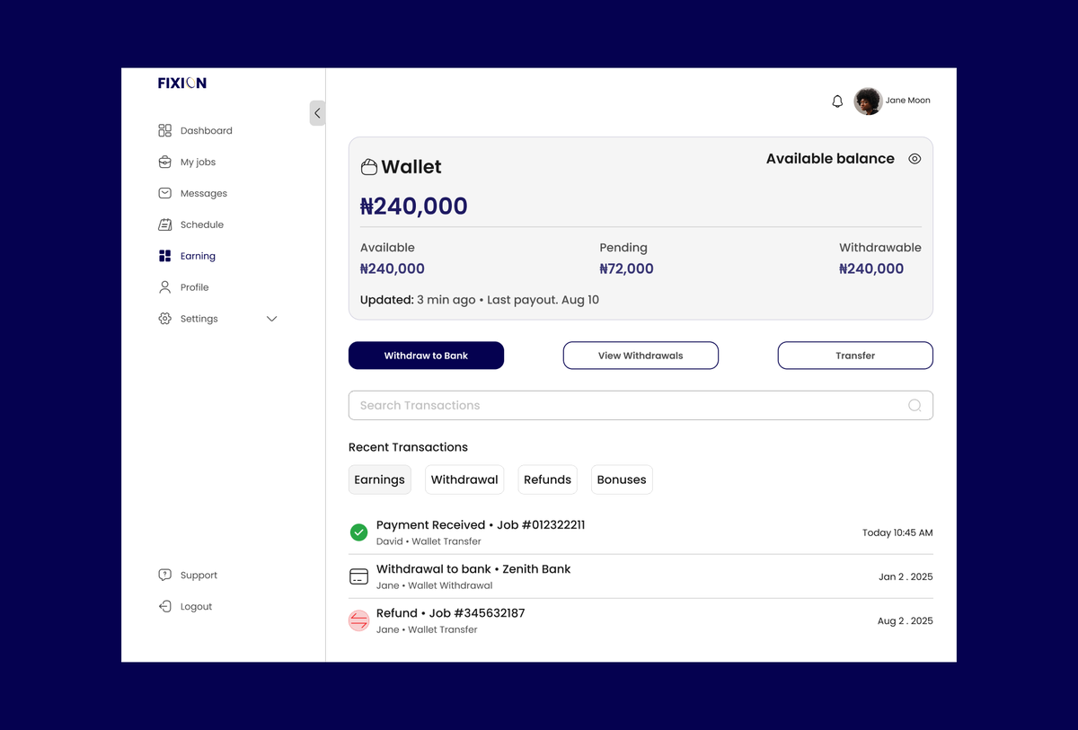alexander4_karo's tweet photo. FIXION wallet page (Mobile & Web) version for artisan after receiving payment from the customer the wallet is updated and he's able to withdraw, view transactions or transfer to other wallets
#uidesign #uiuxdesign #finance #DesigningSpaces #buildinginpublic https://t.co/ixlYU0u1aK