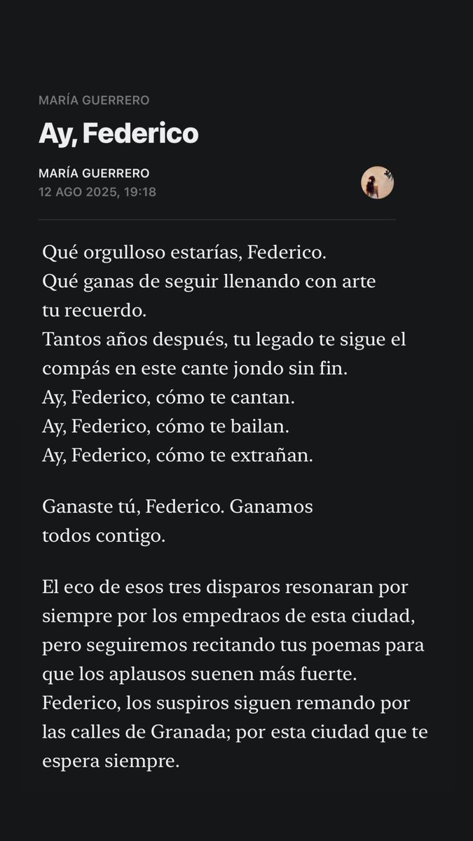 GGuerrero_Maria's tweet photo. 18/08🕊️💔

Escribí un textito de Lorca después de ver a Manuel Liñán bailarle en el Generalife 🌹🍃

https://t.co/AmTSK2SQrp https://t.co/rsGhB9Zasy