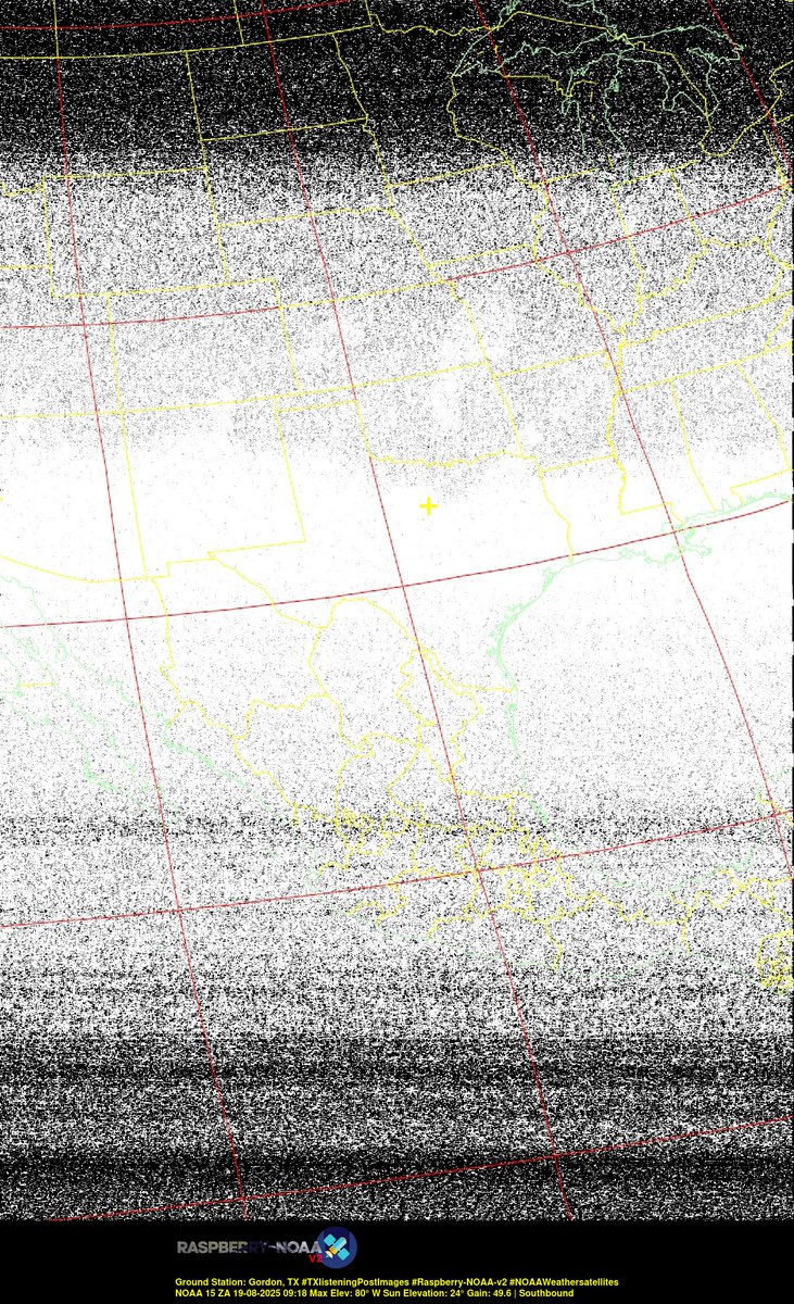 KB5ZUR's tweet image. Ground Station: Gordon, TX #TXlisteningPostImages #Raspberry-NOAA-v2 #NOAAWeathersatellites NOAA 15 19-08-2025 08:59 Max Elev: 80° W Sun Elevation: 24° Gain: 49.6 | Southbound