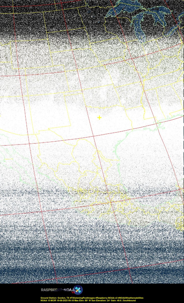 KB5ZUR's tweet image. Ground Station: Gordon, TX #TXlisteningPostImages #Raspberry-NOAA-v2 #NOAAWeathersatellites NOAA 15 19-08-2025 08:59 Max Elev: 80° W Sun Elevation: 24° Gain: 49.6 | Southbound