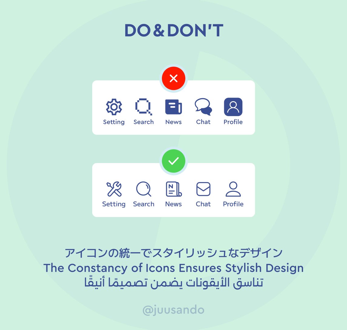 Use a consistent design language for all icons, avoiding mixed styles, shapes, sizes, or details. Keep icons simple, clear, and consistent to improve usability and understanding.
- - - -