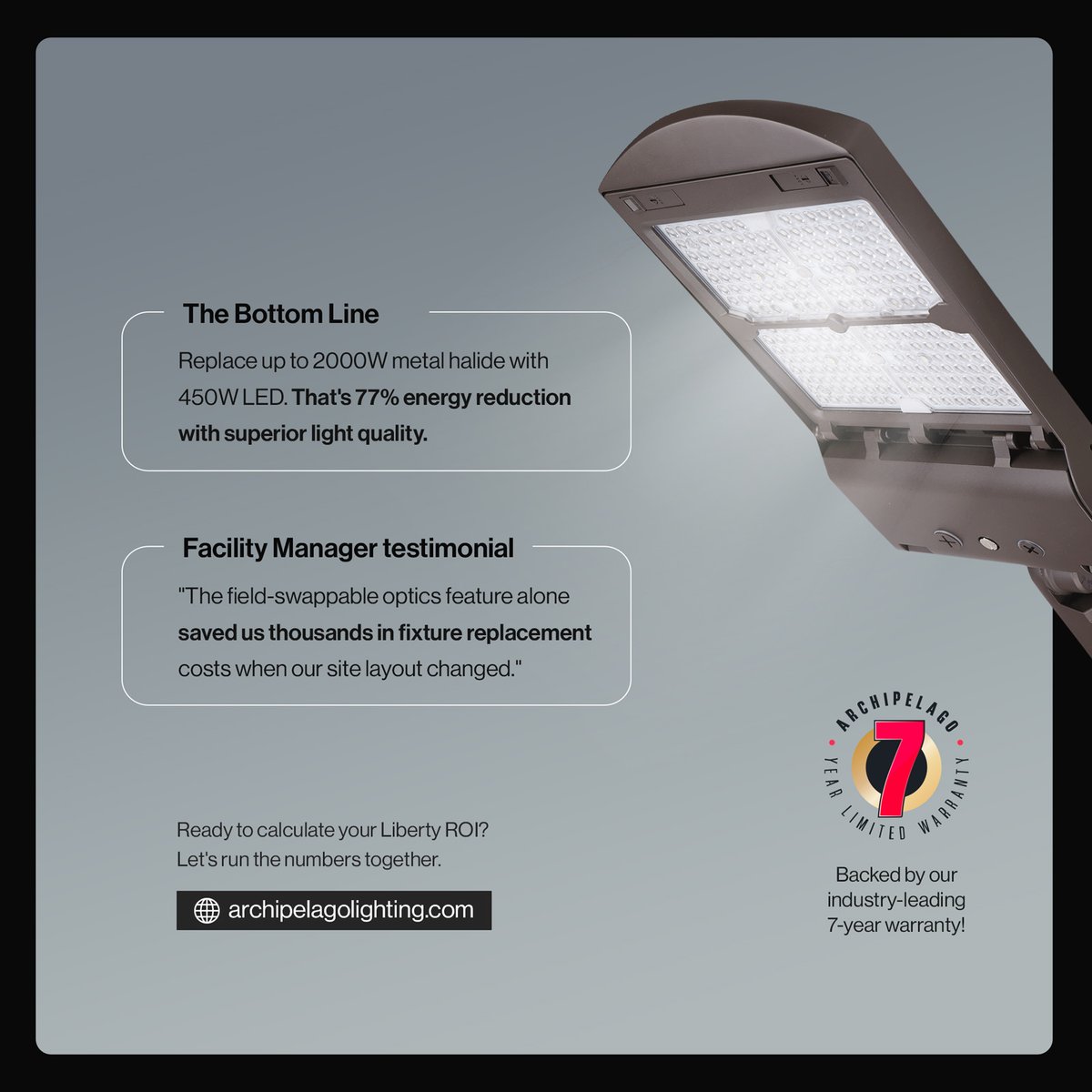 ArchipelagoLED's tweet image. LSBX | Liberty cuts energy use by 77% 💡📊 Replace 2000W MH with 450W LED, get rebates, and swap optics on-site in seconds. Smart, sustainable lighting built to adapt to any facility’s needs. #SmartInvestment #ROI