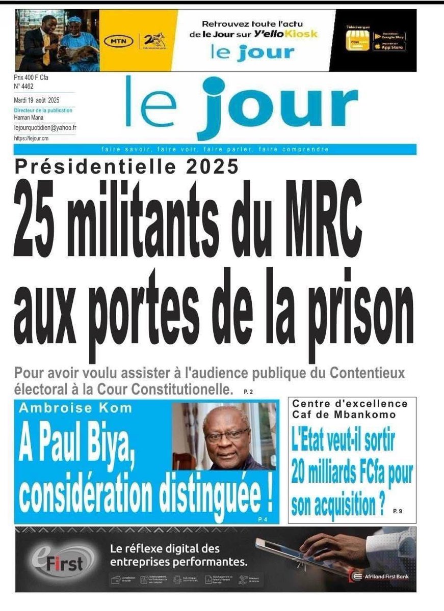 Pour « avoir voulu assister à l’audience publique du contentieux électoral à la cour constitutionnelle »
Bien sûr que nous sommes en démocratie 
#Cameroun
#Elections2025