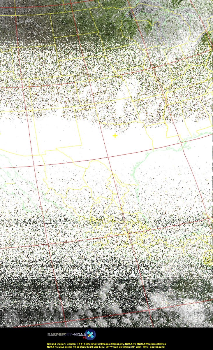 KB5ZUR's tweet image. Ground Station: Gordon, TX #TXlisteningPostImages #Raspberry-NOAA-v2 #NOAAWeathersatellites NOAA 15 19-08-2025 08:59 Max Elev: 80° W Sun Elevation: 24° Gain: 49.6 | Southbound