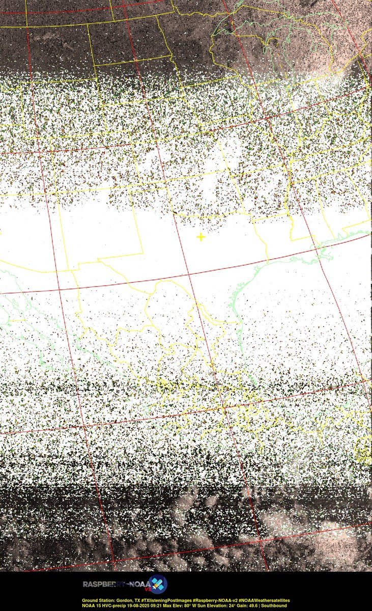KB5ZUR's tweet image. Ground Station: Gordon, TX #TXlisteningPostImages #Raspberry-NOAA-v2 #NOAAWeathersatellites NOAA 15 19-08-2025 08:59 Max Elev: 80° W Sun Elevation: 24° Gain: 49.6 | Southbound