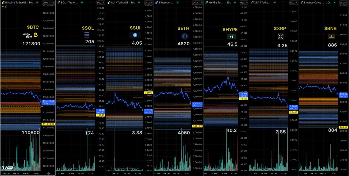 Binance先物のBTC、SOL、SUI、ETH、HYPE、XRP、BNBの清算レベルチャート