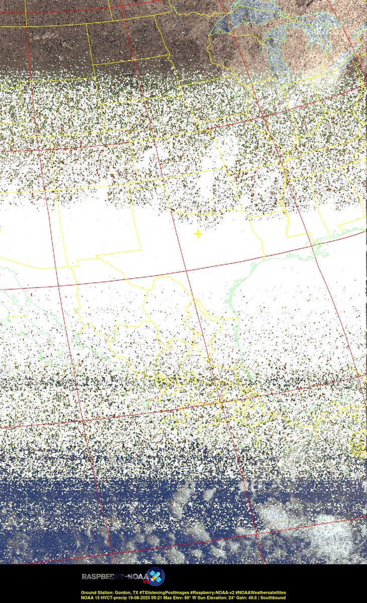 KB5ZUR's tweet image. Ground Station: Gordon, TX #TXlisteningPostImages #Raspberry-NOAA-v2 #NOAAWeathersatellites NOAA 15 19-08-2025 08:59 Max Elev: 80° W Sun Elevation: 24° Gain: 49.6 | Southbound