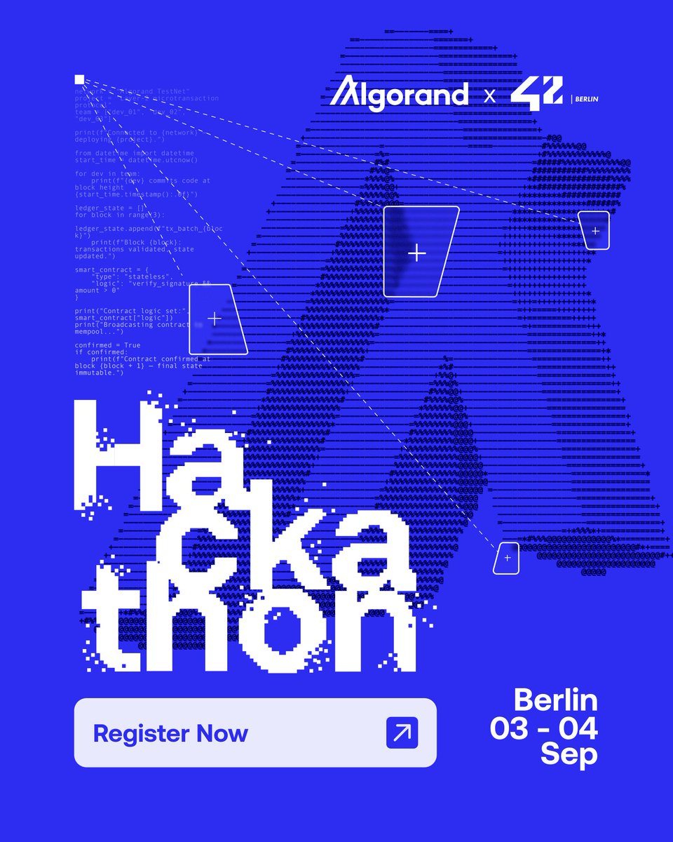 Algorand Foundation (@algofoundation) on Twitter photo We've partnered with <a href="/42_berlin/">42 Berlin</a> & <a href="/AIAgentsSummit/">AI Agents Summit</a> to host an AI-focused Hackathon in Berlin.
Join us September 3-4 at <a href="/w3_hub/">w3.hub</a> in Germany's capital to build the future of AI dApps on Algorand.
Sign up below. We've partnered with <a href="/42_berlin/">42 Berlin</a> & <a href="/AIAgentsSummit/">AI Agents Summit</a> to host an AI-focused Hackathon in Berlin.
Join us September 3-4 at <a href="/w3_hub/">w3.hub</a> in Germany's capital to build the future of AI dApps on Algorand.
Sign up below.