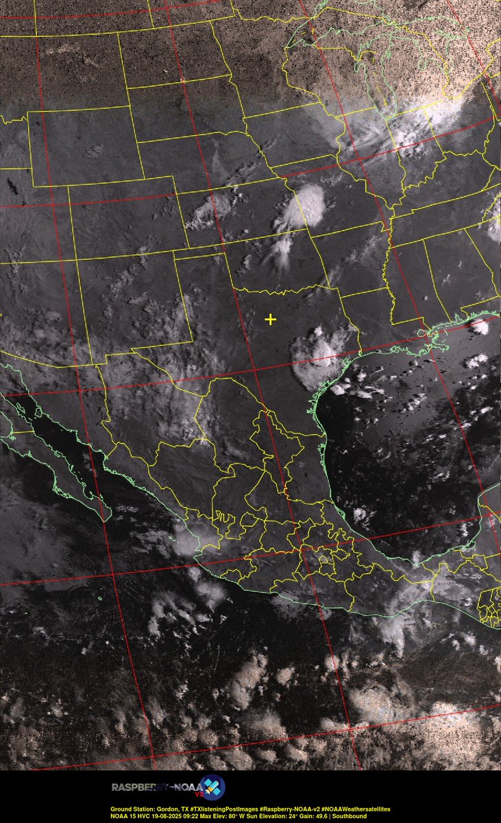KB5ZUR's tweet image. Ground Station: Gordon, TX #TXlisteningPostImages #Raspberry-NOAA-v2 #NOAAWeathersatellites NOAA 15 19-08-2025 08:59 Max Elev: 80° W Sun Elevation: 24° Gain: 49.6 | Southbound