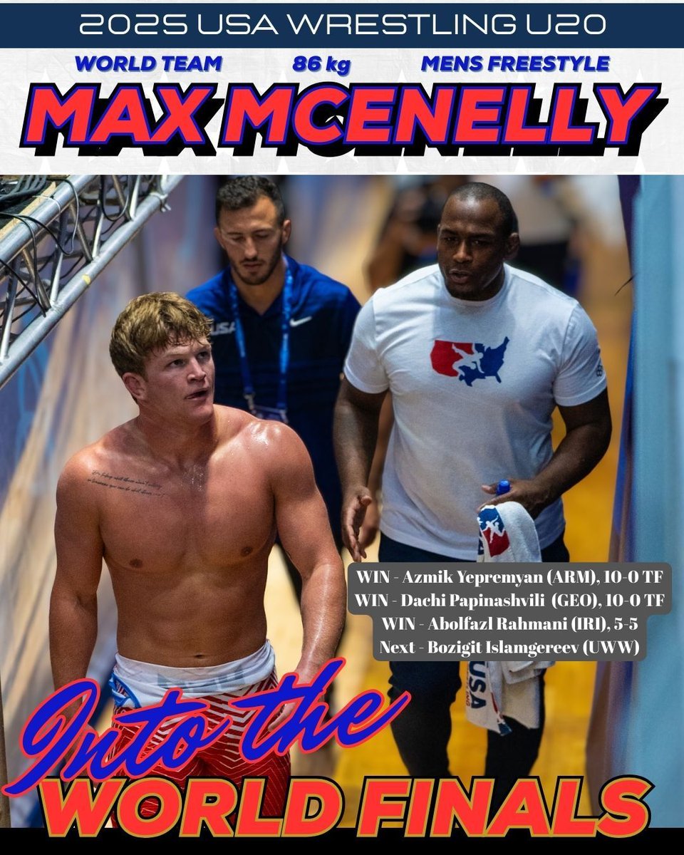 MNUSAW's tweet photo. MFS 86 kg Semi-Finals | Max McEnelly (USA) wins a 5-5 criteria match over 2024 World Bronze Medalist Abolfazl Rahmani from Iran.  
Next up is Bozigit Islamgereev (UWW) in the World Championship finals tomorrow. 
#mnusawrestling #mnstorm #samokov https://t.co/oEnNY8iSH4