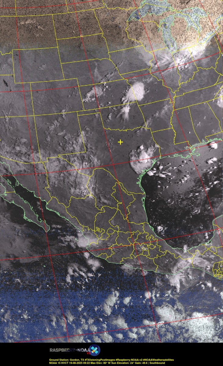 KB5ZUR's tweet image. Ground Station: Gordon, TX #TXlisteningPostImages #Raspberry-NOAA-v2 #NOAAWeathersatellites NOAA 15 19-08-2025 08:59 Max Elev: 80° W Sun Elevation: 24° Gain: 49.6 | Southbound
