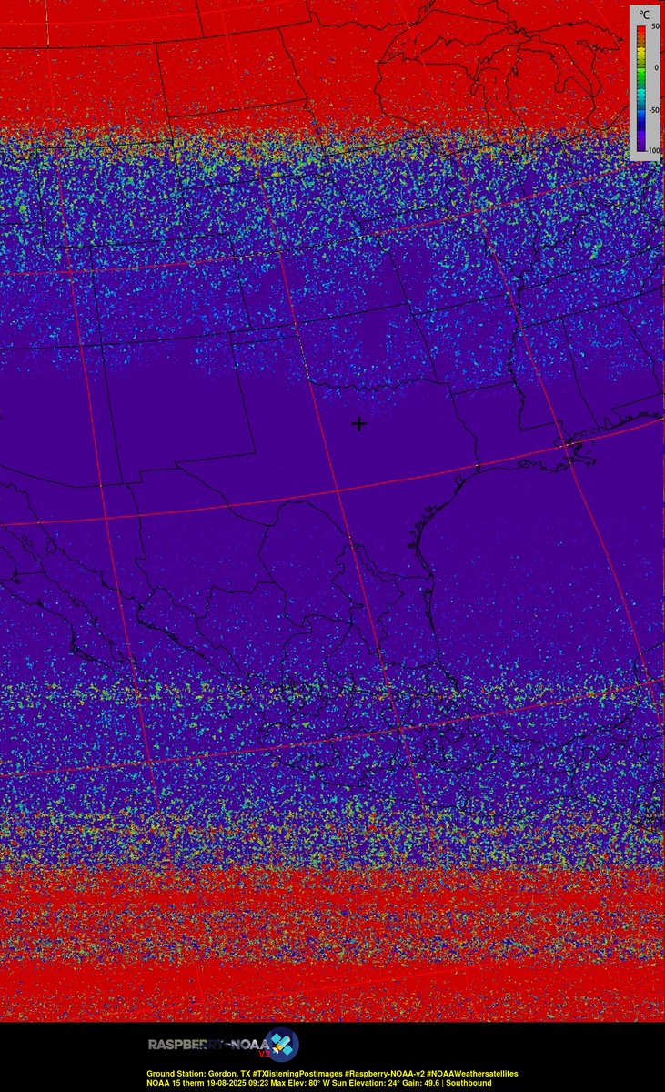 KB5ZUR's tweet image. Ground Station: Gordon, TX #TXlisteningPostImages #Raspberry-NOAA-v2 #NOAAWeathersatellites NOAA 15 19-08-2025 08:59 Max Elev: 80° W Sun Elevation: 24° Gain: 49.6 | Southbound