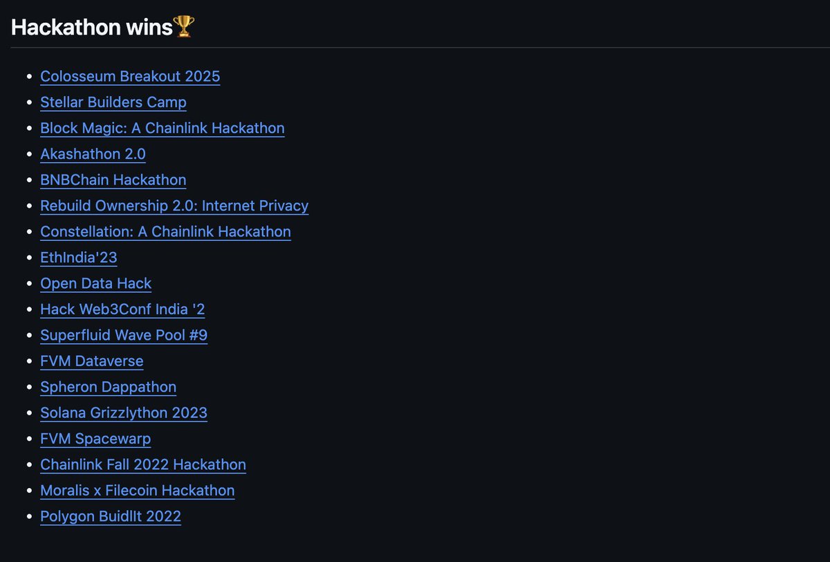 i've won 18 hackathons to date with $25000 in solana grizzly, $4000 akashathon, $2900 chainlink and a couple of $1000.

most of them during my third year of engineering.

although i loved doing them alone since that gave me the most end-to-end experience building fullstack