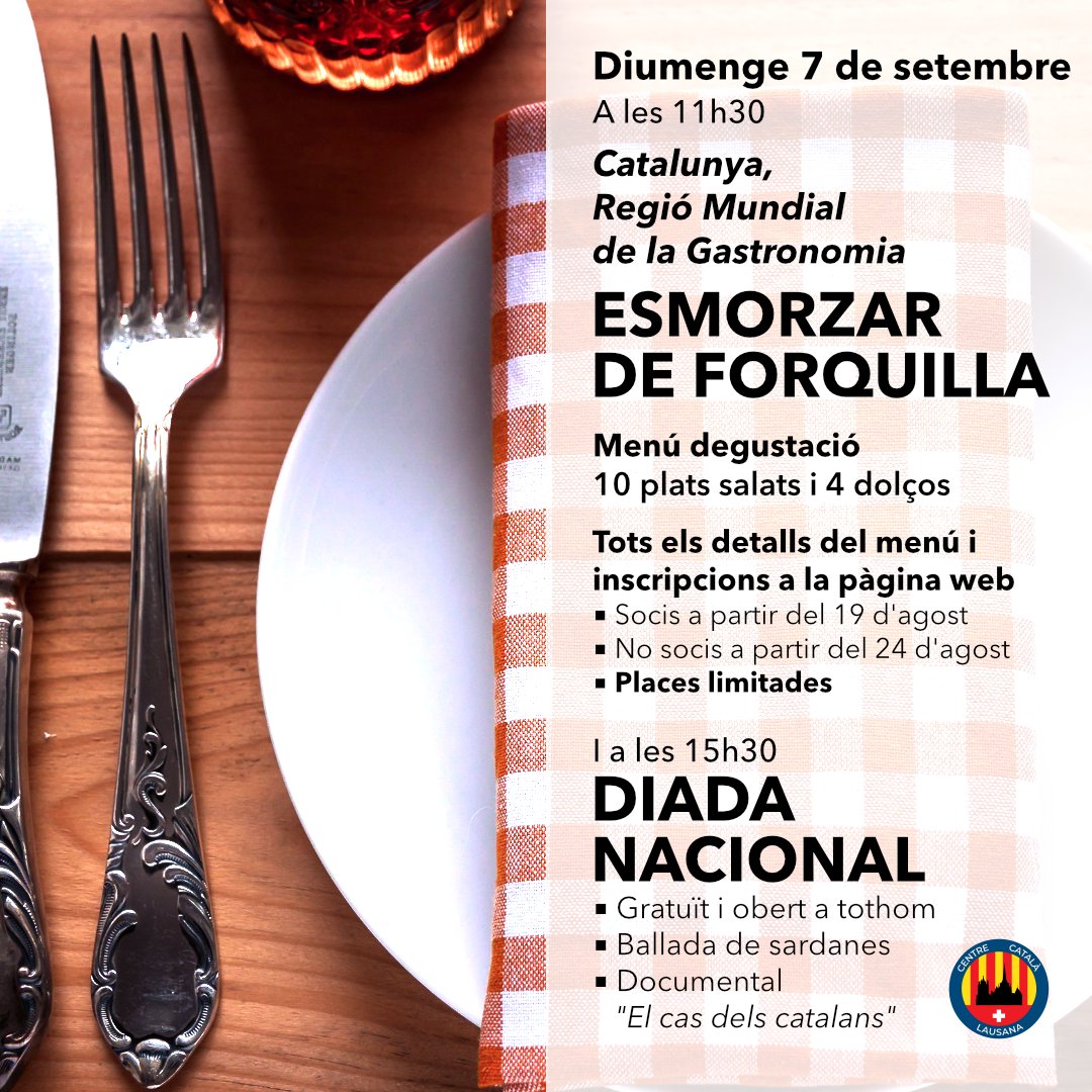 T'esperem el proper diumenge 7 de setembre per celebrar que Catalunya és la Regió Mundial de la Gastronomia 2025 i la Diada Nacional de Catalunya!
Inscripcions i més info: catalansasuissa.org/th_event/esmor…
—
#ccl #centrecatalalausana #lausanne #vaud #suisse #catalanspelmon #somcasals