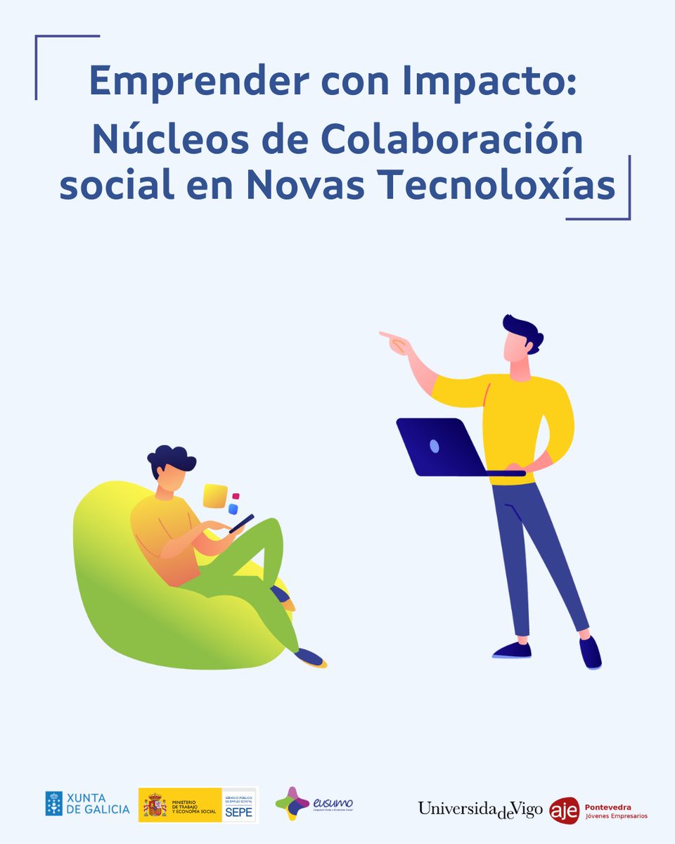 Eusumo Economía Social de Galicia (@eusumogal) on Twitter photo 🤔Queres mellorar o teu proxecto de novas tecnoloxías?
A <a href="/uvigo/">Universidade de Vigo</a> e <a href="/AjePontevedra/">AJE Pontevedra</a> ofrecen formación e asesoramento personalizado para as entidades da economía social no marco da #RedeEusumo
⚠️ Peche de inscricións: 9 de setembro
📅 11/09-28/10
ℹeusumo.gal/emprender-con-… 🤔Queres mellorar o teu proxecto de novas tecnoloxías?
A <a href="/uvigo/">Universidade de Vigo</a> e <a href="/AjePontevedra/">AJE Pontevedra</a> ofrecen formación e asesoramento personalizado para as entidades da economía social no marco da #RedeEusumo
⚠️ Peche de inscricións: 9 de setembro
📅 11/09-28/10
ℹeusumo.gal/emprender-con-…
