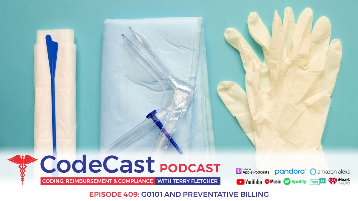TerryCoder1's tweet image. New on CodeCast Podcast — Episode 409: G0101 & Preventive Billing!
Medicare covers two key HCPCS codes every 2 years, G0101 (pelvic & clinical breast exam) and Q0091 (Pap smear collection), but they’re not considered comprehensive preventive services. In this episode, Terry…