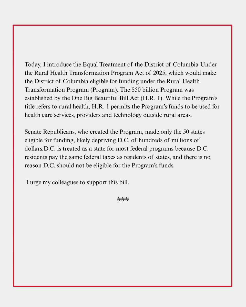 DC pays the most in federal income taxes per capita in the nation, yet DC was excluded from a health program in the BBB, likely depriving the District of $100s of millions.
 
I introduced a bill to make DC eligible, the same way states are.