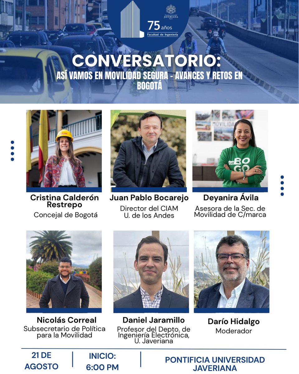 Invitación al coversatortio
Así vamos en movilidad segura: avances y retos en <a href="/Bogota/">Alcaldía de Bogotá</a> 
<a href="/pujingenieria/">Ingeniería Javeriana</a> <a href="/UniJaveriana/">Pontificia Universidad Javeriana</a> 
Registro: docs.google.com/forms/d/e/1FAI…
21 de agosto 6pm
<a href="/CCalderonRA/">Cristina Calderón Restrepo</a> <a href="/Bocarejo_JP/">Juan Pablo Bocarejo</a> <a href="/Deyaniravilam/">Deyanira Avila</a> <a href="/nicolascorrealh/">Nicolas Correal Huertas</a> <a href="/InexpertoM/">InexpertoMovilidad</a>