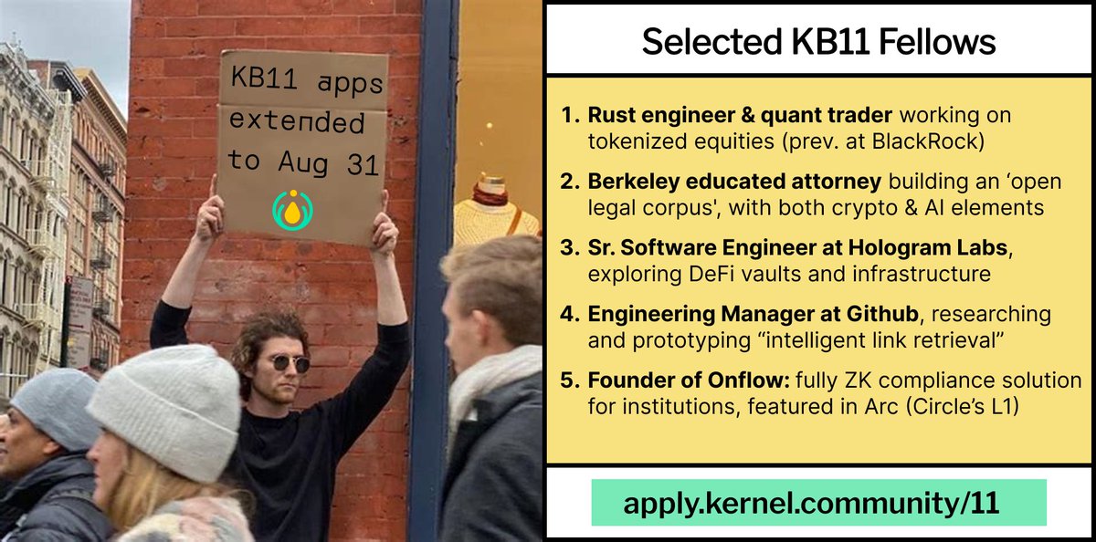 Kernel (@kernel0x) on Twitter photo UPDATE: KB11 apps extended to 8/31.
We've already received incredible apps from people exploring crypto & beyond. 
Kernel is about researching & producing in good company, with clarity & excellence. 
On Sept 19, we begin with ~50 fellows.
We'd love to learn your <a href="/Kernel0x/">Kernel</a>. UPDATE: KB11 apps extended to 8/31.
We've already received incredible apps from people exploring crypto & beyond. 
Kernel is about researching & producing in good company, with clarity & excellence. 
On Sept 19, we begin with ~50 fellows.
We'd love to learn your <a href="/Kernel0x/">Kernel</a>.